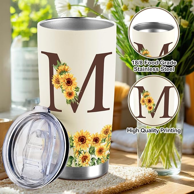 Sunflower Gifts for Women - Personalized Christmas Gifts for Women - Birthday Gift for Woman - Mothers Day Gift for Mom - Monogrammed, Initial 20oz Travel Cup Insulated Tumbler with Lid, M