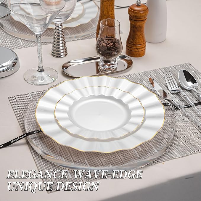 120PCS Pearl White Plastic Plates, Heavy Duty Disposable Party Plates with Gold Rim, 60 Dinner & 60 Dessert for Parties and Wedding