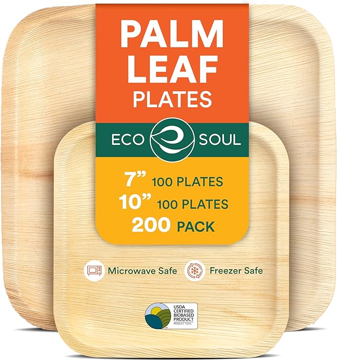 ECO SOUL Palm Leaf Square Plates 7" & 10" (200 Count) Compostable|Biodegradable| Eco-Friendly Disposable Party Plates for Appetizers - Dinner Parties, Wedding, Events & Camping Essentials