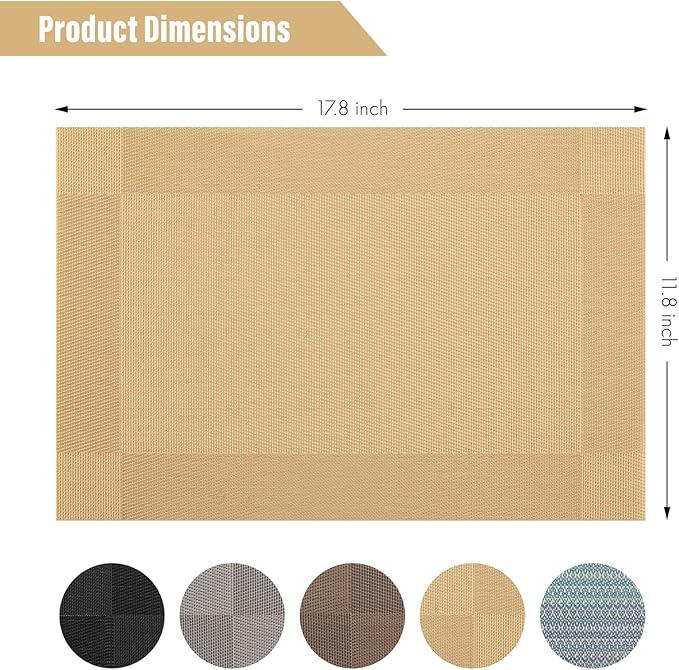 Winknowl Placemats Set of 4, Washable Vinyl Woven Placemats, Heat Resistant & Wipeable Table Mats for Kitchen Dining Table (Golden)