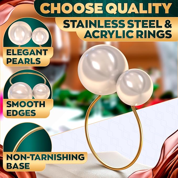 Gold Pearl Napkin Rings Set of 12 – Valentine Napkin Rings | Romantic Table Decor with Faux Pearls | Reusable, Metal & Scratch-Resistant Finish - for Weddings, Banquets, Holiday Dinners & Gift Giving