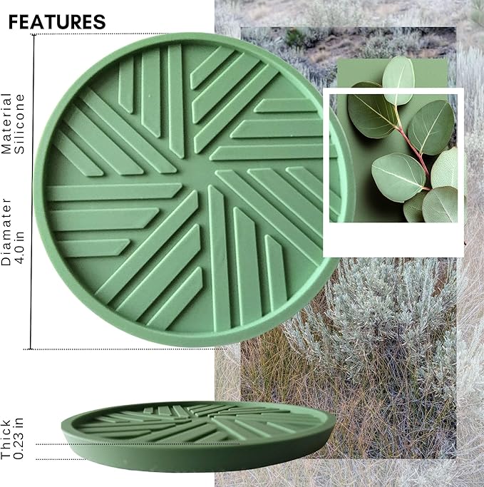 Silicone Coasters Set of 6 with Holder - Unique and Modern Pattern for Prevent Sticking from Cups Coffee Table, Home, Office, bar Decor, Sage Green