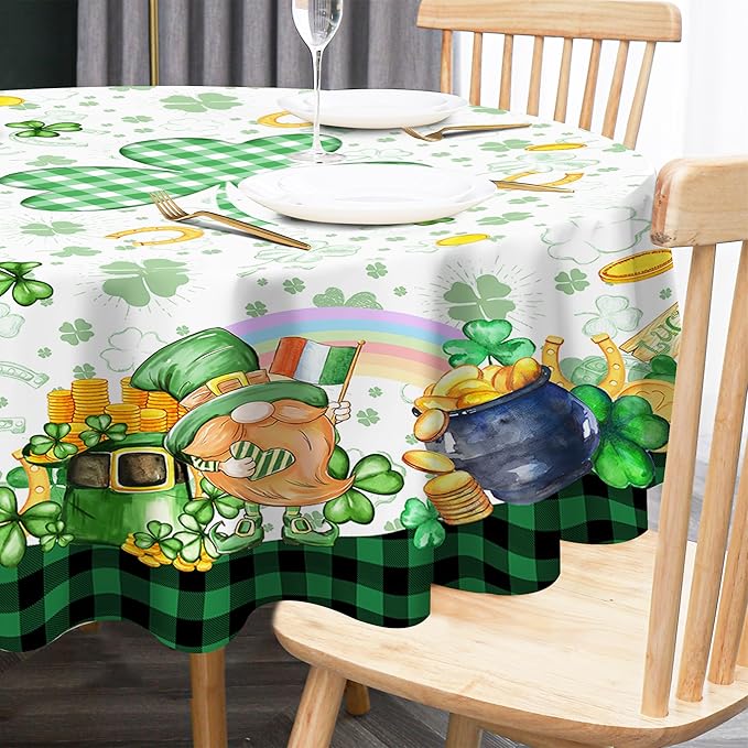 St Patricks Day Tablecloth, St Patricks Table Cloth Rectangle 60 x 120 with Shamrock Gnome, Saint Patricks Day Oblong Tablecloth Buffalo Check Plaid Kitchen Table Cover for Dining Room Indoor Decor
