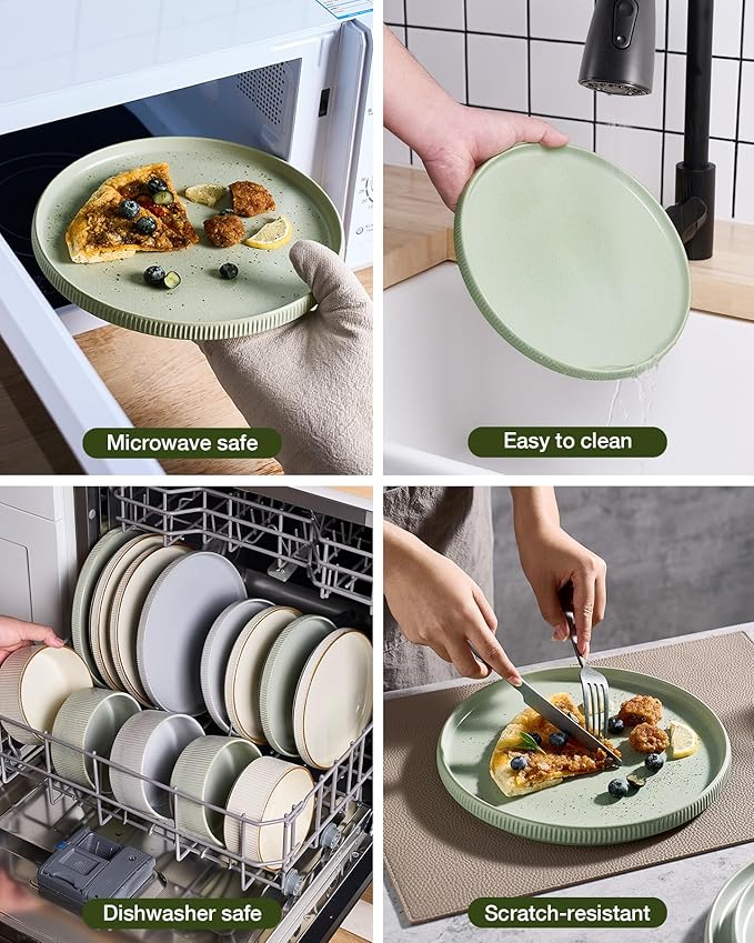 Famiware Star Dinnerware Set with Pasta Bowls, Service for 6 (24 Pieces), Ribbed Stoneware Plates and Double Bowls Sets - Chip & Scratch Resistant, Microwave & Dishwasher Safe Dishes, Matte Sage Green