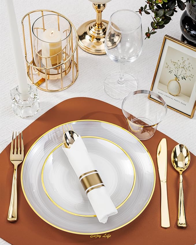 Morejoy 100Pcs Pearl White Plastic Plates,White Disposable Plates With Gold Rim,Heavy-duty Gold Plates, Modern swirl design Plate Include 50Clear Dessert-Platos,50Dinner-Platos for Party&Christmas