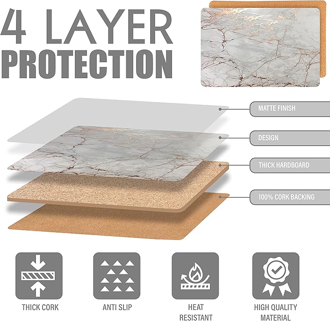 Dainty Home Rose Gold Marble Rectangle Cork Placemats - Heat Resistant Placemats, Non-Slip, Easy Clean Placemats for Elegant Dining - 12"x18" Set of 2 - Perfect for Stylish, Modern Homes
