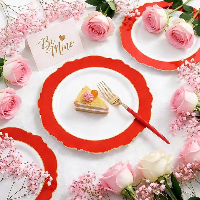 WDF 60pcs Red Valentines Plates Disposable - 7.5inch Heavy Duty Red Dessert/Salad/Cake Plates for Valentine's Day