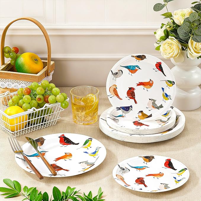 48 Pcs Playful Birds Paper Plates Set Include 9 Inch and 7 Inch Colorful Little Birds Texture Disposable Plates Spring Summer Decorative Party Tableware for Home Table Party Supplies