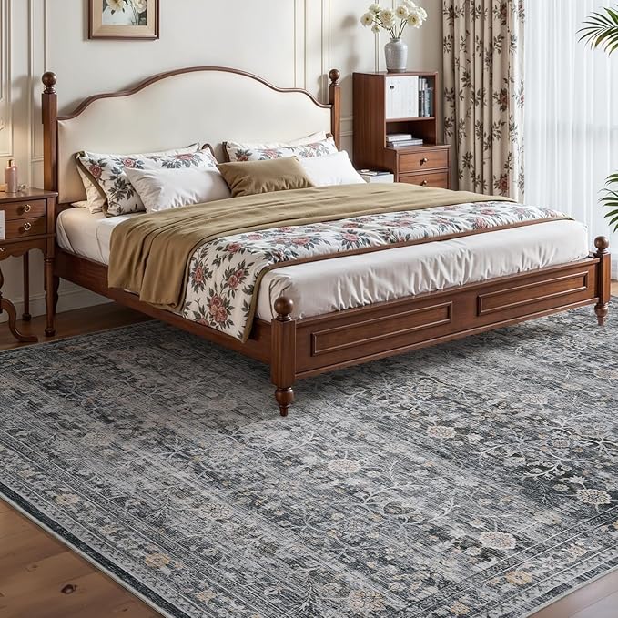 MontVoo-Vintage Area Rugs 8X10 Darkgrey Rugs for Living Room-Soft Distressed Printed Rugs for Bedroom-Non Slip Carpet-Machine Washable Rug for Dining Room Living Room Bedside Office