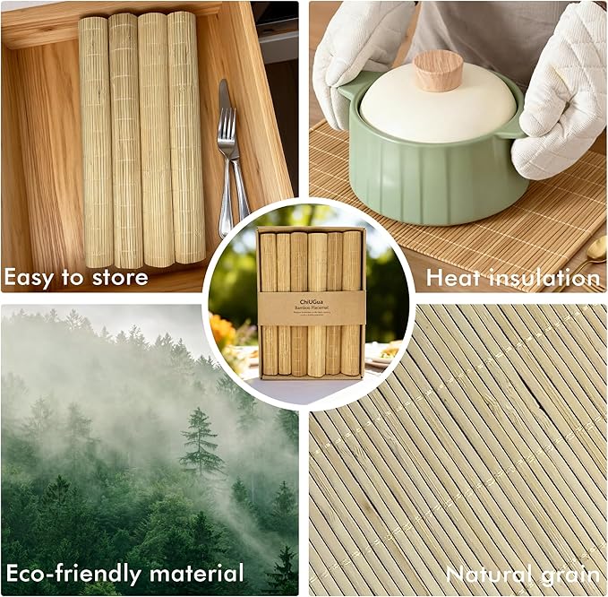 4-Pack Bamboo Placemats,Woven Heat-Resistant Rectangular Table Mats, Natural Dining Place Mats, Rustic Japanese Style Wood Mats for Indoor Dining, Kitchen and Party Use, Beige