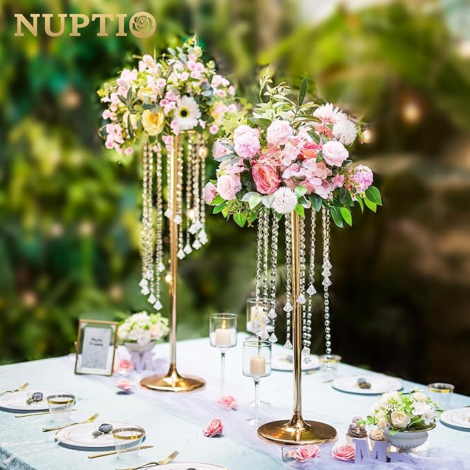 Nuptio Gold Crystal Flower Vases for Weddings, 10 Pcs 35.4in Tall, Elegant Decorations