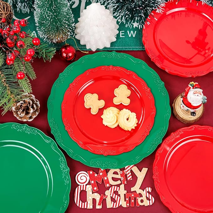 U-QE 100Pcs Christmas Plastic Plates - Green and Red Plate Disposable for Party, Plastic Christmas Plates Disposable Include 50 Red Dessert Plate, 50 Green Dinner Plate Suite for Party