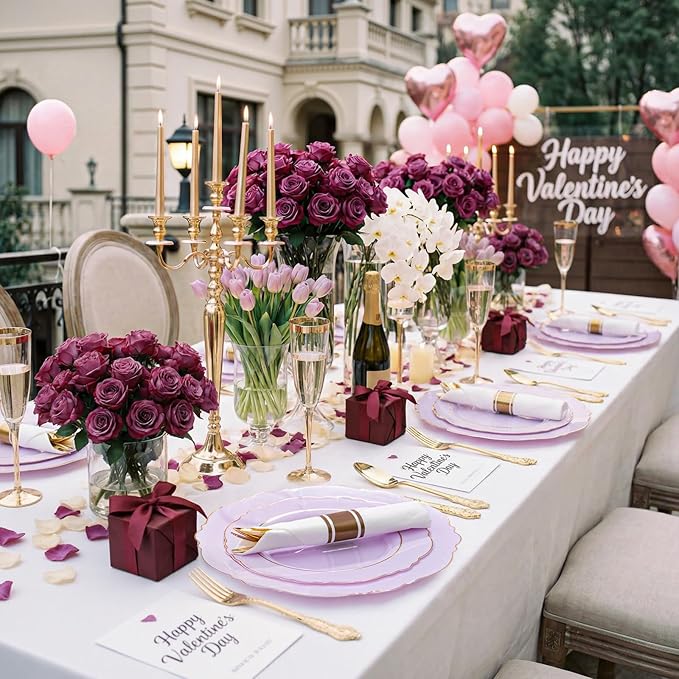 Liacere 350PCS Purple Plastic Plates - Disposable Lavender Plates 50guest Plastic Dinnerware include 100Light purple Plates,50Pack Pre Rolled Napkins Silverware 50Cups for Valentine’s Day＆Easter Day