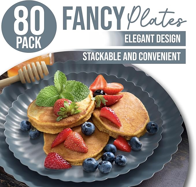 Trendables Floral Paper Plates 8.5 Inch & 10.5 Inch 80 Pcs Dinner Plate Set Fancy Disposable Plates for Party for 40 Guests 40 X 8 & 40 X 10 Large & Small Paper Plate Set for Parties Slate Blue