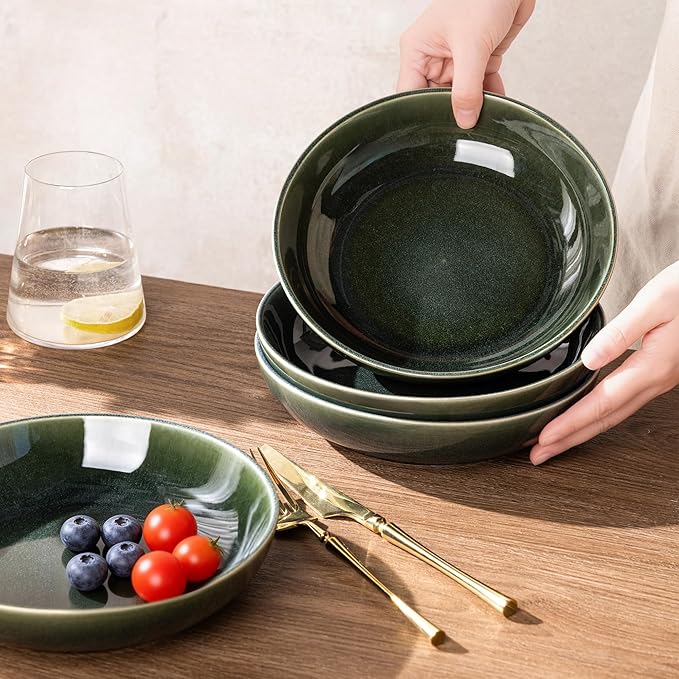 AmorArc 8.5'' Large Ceramic Pasta Bowls, 36oz Stoneware Pasta Serving Bowls Set of 4 for Kitchen, Wide Bowls for Pasta,Salad,Oatmeal, Microwave Safe, Reactive Glaze-Earth Green