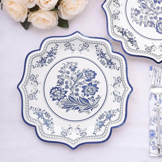 50 Pack 10" Light Blue French Toile Dinner Plates, Disposable Round Paper Party Plates 300 GSM for Festive Table Decoration