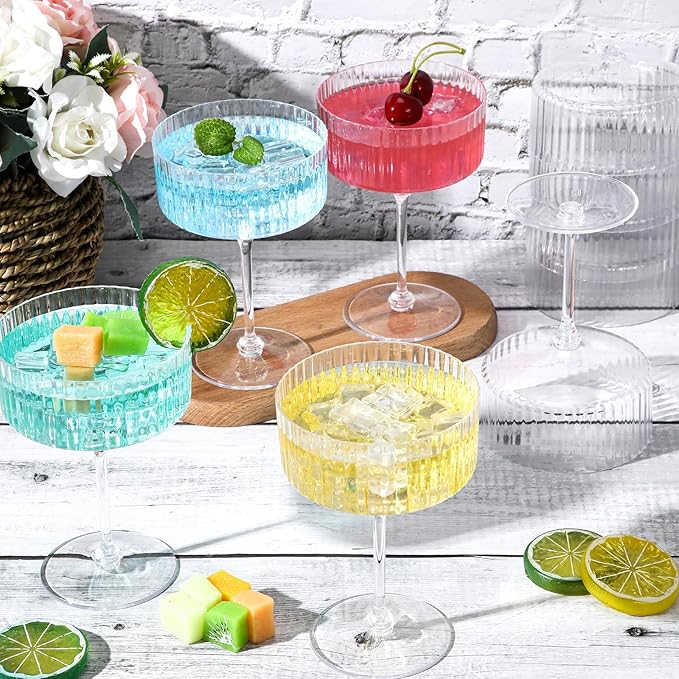 6 Pcs Ribbed Martini Glasses 10 oz Disposable Plastic Vintage Ribbed Coupe Glasses Unbreakable Dessert Parfait Glassware for Wedding Birthday Party Supplies (Clear)