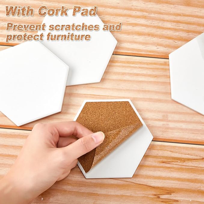 Zopeal 96 Pcs Ceramic Tiles for Crafts Coasters Include Unglazed White Ceramic Tiles with Cork Backing Pads Use with Alcohol Ink Acrylic Pouring for DIY Project Gift (Hexagon)