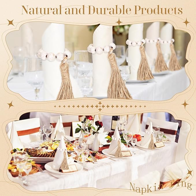 Maxcheck 12 Pcs Wood Bead Napkin Rings with Tassel Handmade Wooden Farmhouse Napkin Ring Natural Beaded Napkin Ring Holders for Tabletop Dining Party Wedding Gathering Home Decoration (Whitewashed)