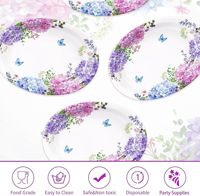 50 Pcs Hydrangea Flowers Oval Paper Plates Large 10"x12" Blue Purple Pink Hydrangea Floral Plates Disposable Heavy Duty Flower Plate for Spring Wedding Bridal Baby Shower Decoration Tea Party Supplies