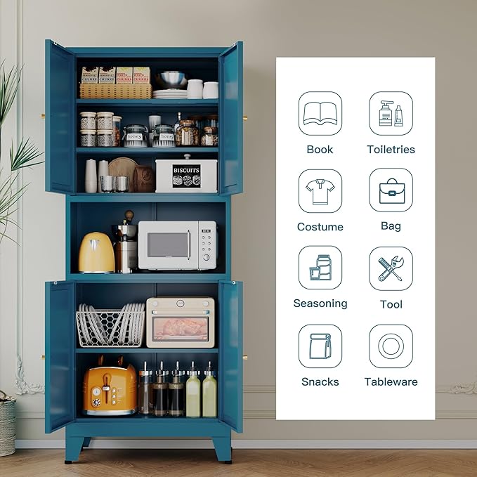Metal Pantry Storage Cabinet, 69" Tall Storoge Cabinet with 4 Doors & 3 Adjustable Shelves, Microwave Stand with Storage for Kitchen, Dining Room, Living Room (1PC,Blue)