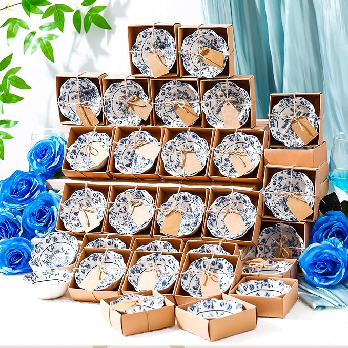 48 Pcs Wedding Favors for Guests Small Ceramic Bowl Bulk Gifts Set 3.3 Inch Floral Design Mini Dipping Sauce Dish with Card Box for Bridal Pooja Baby Shower Birthday Guest Gift (Blue)