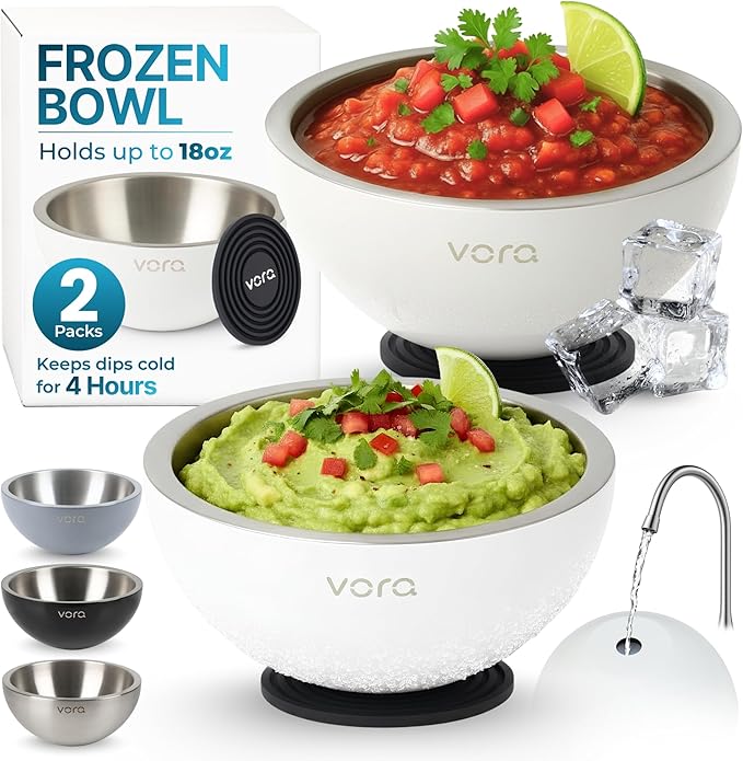 Vora 18oz Dip Chiller Bowl | 2 Pack White Stainless Steel Chilled Dip Bowl for Dips, Guacamole, Hummus, Salsa | Insulated Serving Dishes with Easiest Water Fill & Refillable Chamber