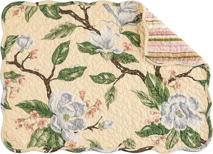 C&F Home Elle 100% Cotton Quilted Vintage Set of 6 Placemats 13" x 19" Spring Springtime Garden Floral Flowers Home Kitchen Dining Dinner Table Tabletop Machine Wash Reversible Scalloped Edge Decor