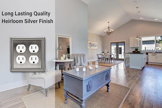 Henne Bery Sunken Pearls Heavy Duty Decorative Wall Plate Switch Plate Outlet Cover (Double Duplex, Heirloom Silver)