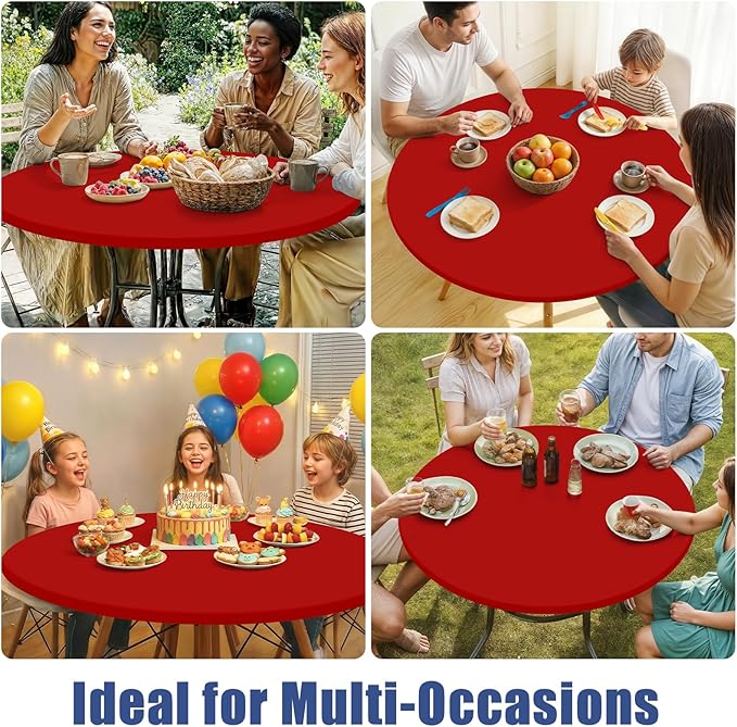 Round Spandex Christmas Tablecloth 2 Pack, Elastic Fitted Waterproof Tablecloths for 25"-30" Tables, Stretch Washable Picnic Table Cover for Camping, Dining, Indoor and Outdoor, Red