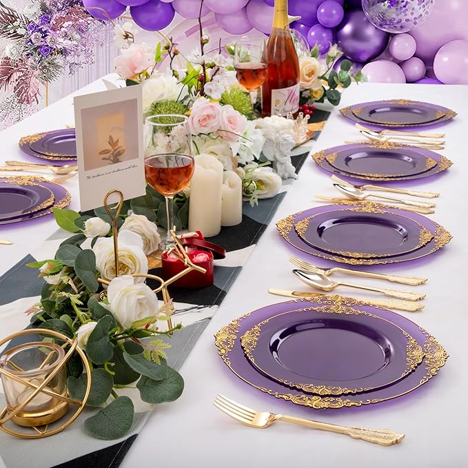 102PCS Purple and Gold Plastic Plates - High End Purple Disposable Plate - Vintage Dinner & Dessert Plates for 51 Guests Birthday Party & Mardi Gras & Wedding