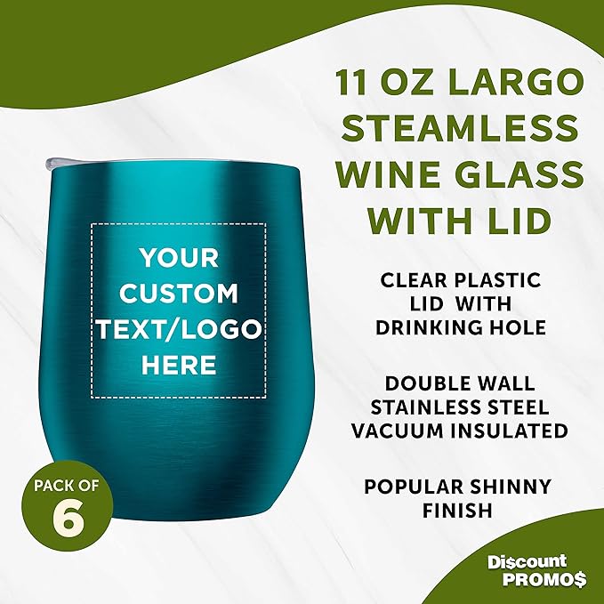 Custom Stemless Wine Glass Tumblers with Lids by Largo 11 oz. Set of 6, Personalized Bulk Pack - Perfect for Wine, Cocktails, Other Hot & Cold Beverages - Teal