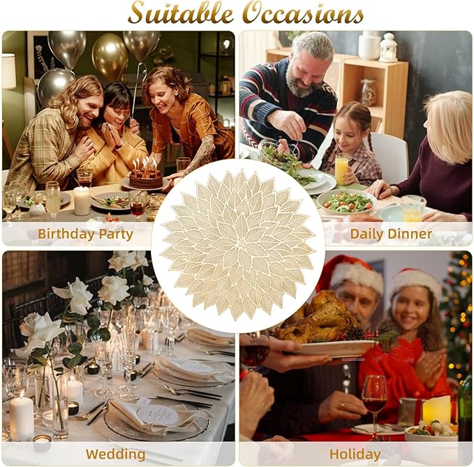 Placemats Set of 8, Round Hollow Out Flowers Place Mats for Dining Table Pressed Vinyl Blooming Leaf Table Mats for Holiday Party Wedding Accent Centerpiece Dinner Table Decoration (Gold)