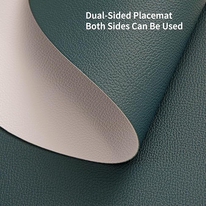 Myir JUN Round Placemats Set of 4 Faux Leather Place Mats and Coasters 15 inch Round Table Mats Dual Sided Non-Slip Stain Resistant Placemats (Beige & Green, Set of 4)