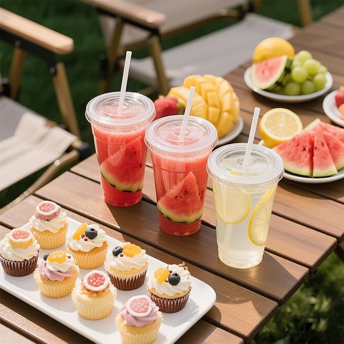 Charmount 32 oz 50 Sets Clear Plastic Cups with Lids and Straws, Sturdy & Food Safe Disposable To Go Cups for Cold Drinks, Iced Coffee, Milkshakes, Smoothies