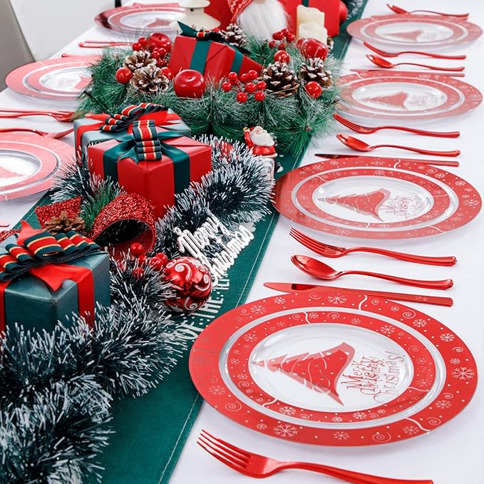 U-QE 60PCS Red and Clear Plastic Plates - Disposable Christmas Plastic Plates for 30 Guests Include 30 Dinner Plates 10.25’’ & 30 Dessert Plates 7.5’’, Premium Party Supplies for Christmas Theme Party