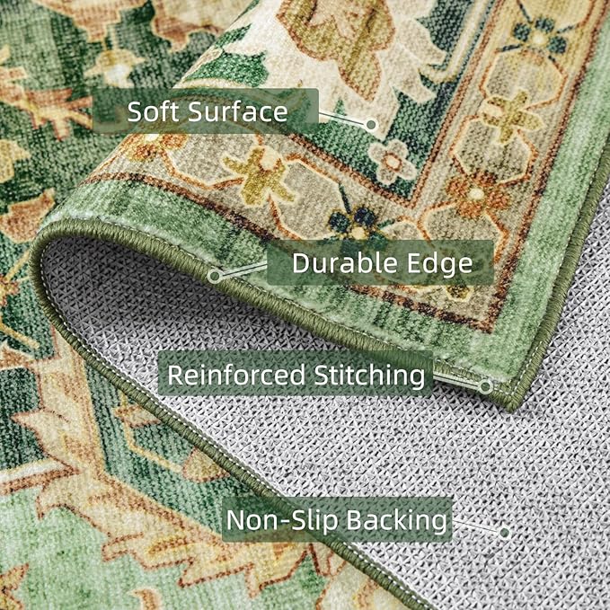 Green Rug 5x8 Area Rugs for Bedroom Washable Rugs Boho Vintage 5x8 Rug for Living Room Carpet Non-Slip Family & Pet Friendly Print Floor Rug(Border Green)