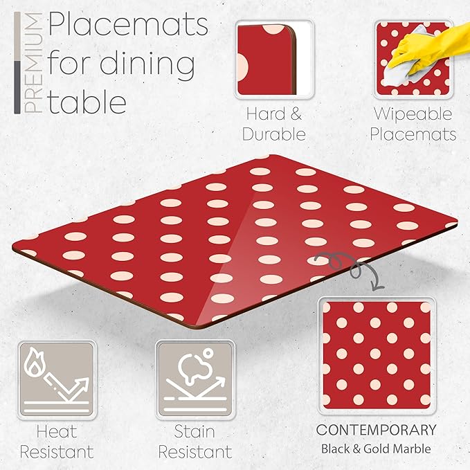 Set of 4 Heat Resistant Cork Placemats for Dining Table with Free Set of 4 Matching Drink Coasters Cream & Red Polkadot Design 16 x 12 Inches Cork Backed Hard Placemats (Red Polkadot)