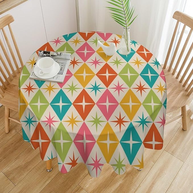 Abstract Geometric Round Tablecloth, Mid Century Retro Abstract Vintage Tablecloth for Home Party Dining Room Kitchen Decor 50Inch(127cm)