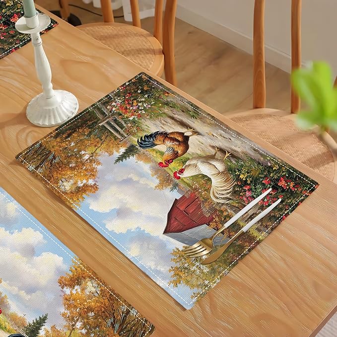 Farmhouse Rooster Placemats Set of 4, Farm Chicken Place Mats, Rustic Farm Coop Waterproof Washable Table Mats for Home Party Indoor Kitchen Dining Table Decoration 12x18 Inch