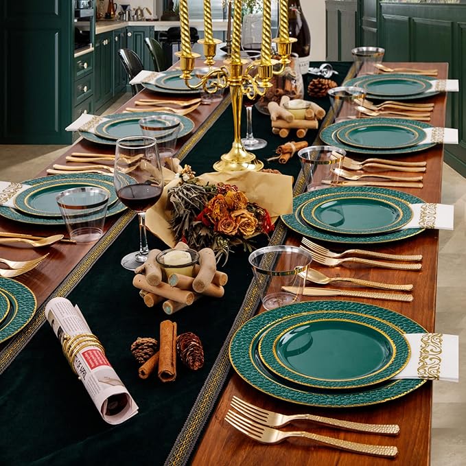 FLOWERCAT 175PCS Marrs Green Plastic Plates with Gold Rim&Christmas Plates&Green and Gold plastic Plates&Gold Plastic Silverware - Ideal for Wedding,Spring Party,St. Patrick's Day
