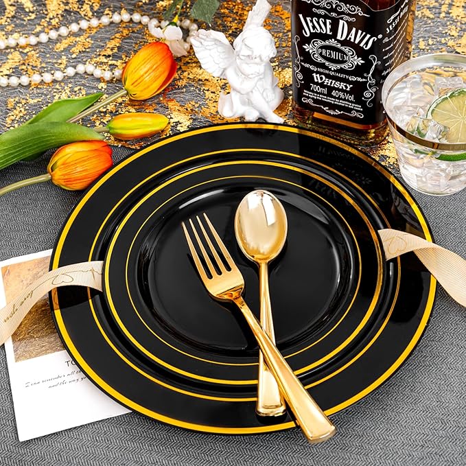 bUCLA 150 Pieces Black and Gold Disposable Dinnerware Set - 25 Guests Black Gold Plastic Plates Include 25 Dinner & 25 Dessert Plates, 25 Spoons, 25 Forks, 25 Knives, 25 Cups for Party & New Year