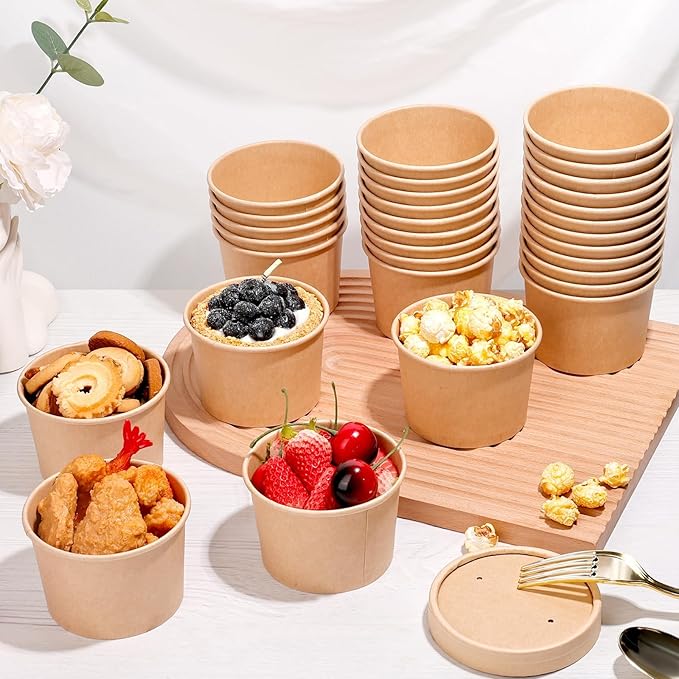 DI QIU REN 50 Pack 12oz Soup Containers with Vented Lids, Disposable Paper Soup Bowls Ice Cream Soup Cups, Microwavable and Freezer Safe for Hot Drinking, Food, Ice Cream (50 Pcs - Kraft, 12 oz)
