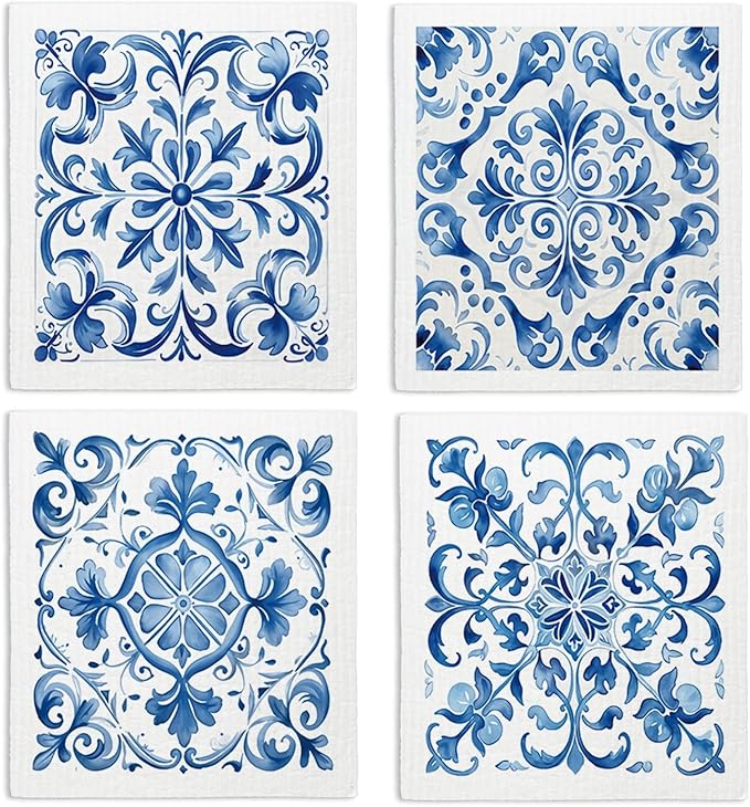 Swedish Dishcloths for Kitchen, Vintage Blue Floral Swedish DishCloths, Papaya Reusable Paper Towels Washable, 4 Pcs Dish Towels for Kitchen Party Home Housewarming Cleaning Cloths