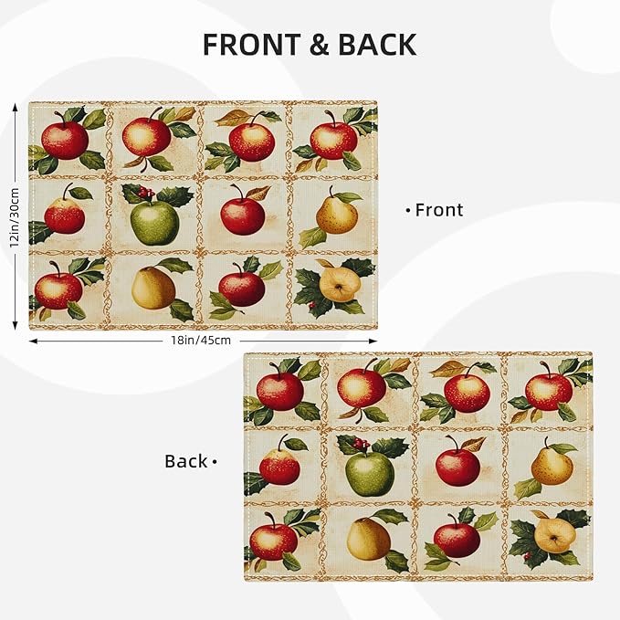 Apple Pear Placemats Set of 6, Retro Fruit Place Mats, Fruits Waterproof Washable Table Mats for Home Party Indoor Kitchen Dining Table Decoration 12x18 Inch