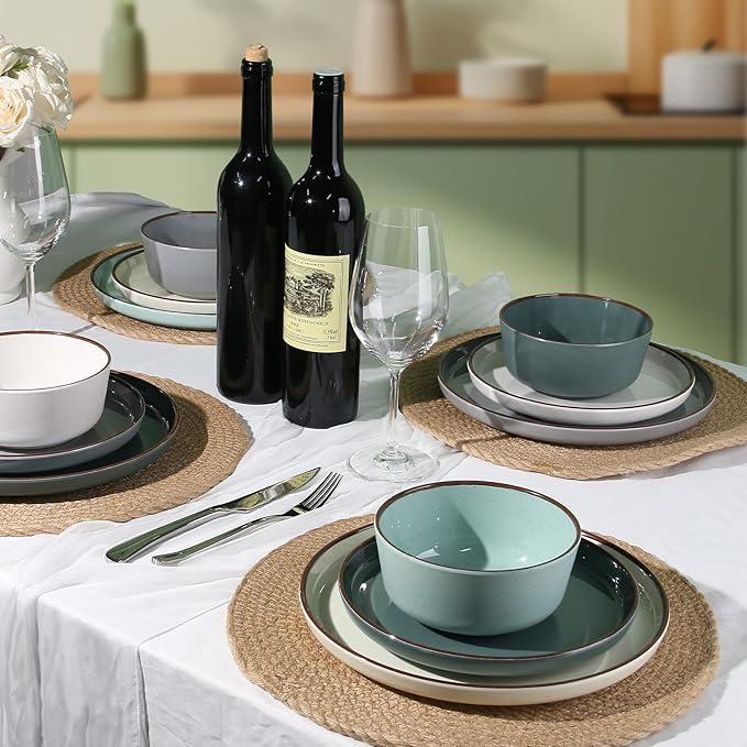 Melamine Dinnerware Sets 12 Piece Unbreakable Plates & Bowls Sets Lightweight Shatterproof Durable Dishware for Camping Picnic Party (Fog Gray)