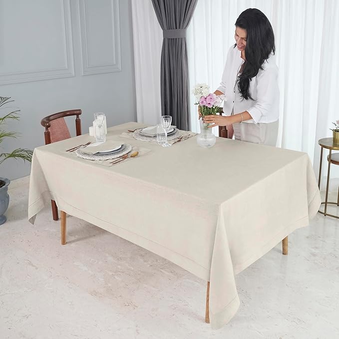 D'Moksha Homes Light Natural Linen Tablecloth for Rectangle Tables 60 x 90 Inch - 100% Pure Linen Natural Table Cloth - Classic Hemstitch, Machine Washable Tablecloth for Valentines, Spring, Easter