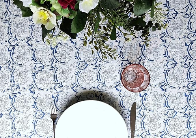 ATOSII ‘Santorini’ 100% Cotton Fall Tablecloth, Handblock Print Blue Square Table Cloth for Kitchen I Dining Table Linen I Parties Wedding Christmas Thanksgiving I Fall Decor 60 X 60 Inches