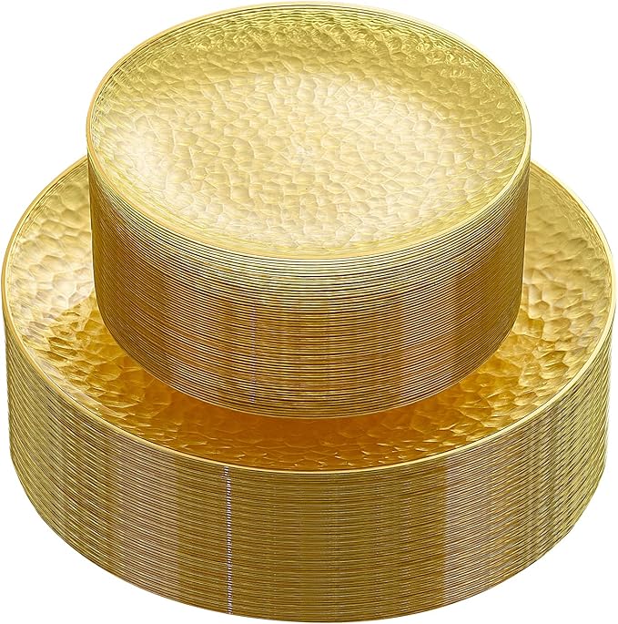 Rubtlamp 60Pcs Yellow Gold Plastic Plates, Yellow Disposable Plates With Gold Rim, Clear Heavy-duty Party Supplies, Hammered Plastic Plates Include 30 Dessert Platos, 30 Dinner Platos for Party