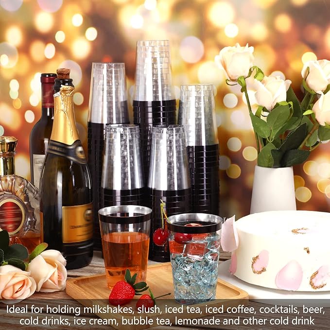 Patelai 100 Pcs Black Plastic Cups 12 oz Black Rimmed Plastic Cups Heavy Duty Disposable Wine Glasses Clear Cocktail Glasses Drinking Tumblers for Party Wedding Christmas Birthday